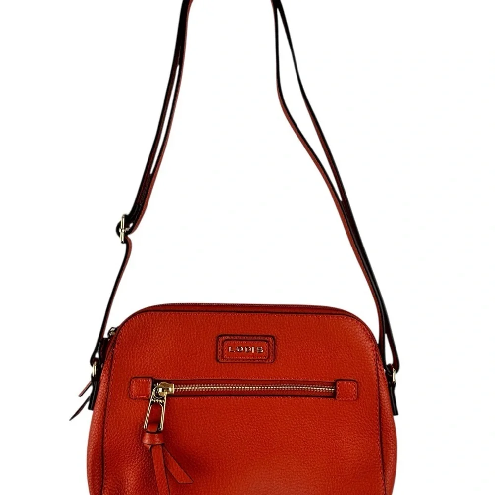 Lodi’s Charlotte Crossbody Purse Burnt Orange Floral interior Pebbled Leather
